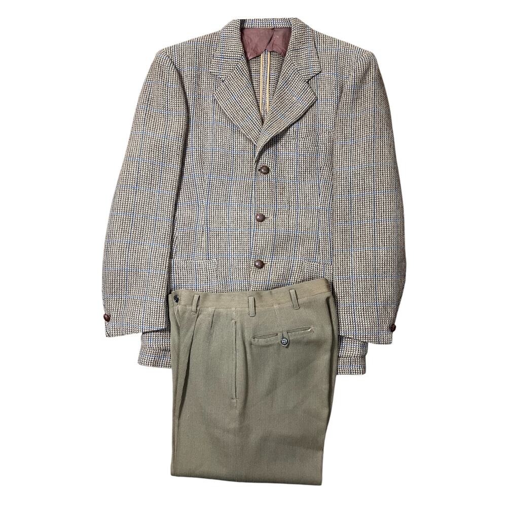 VTG 1940-1950s Wool/Tweed Blue Pinstripe Blazer Leather Buttons & Worn Pants